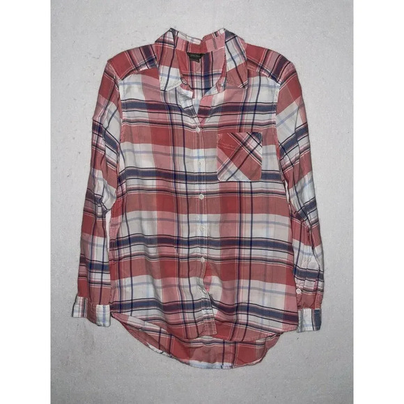 Eddie Bauer Flannel Tunic Top Shirt Women's Size‎ M Pink Cream Plaid Buttons - Picture 1 of 3